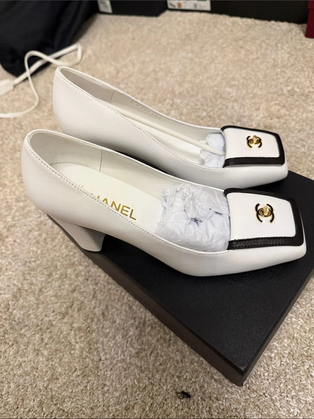 White Leather Square-Toe Loafers with Black Trim and Gold CC